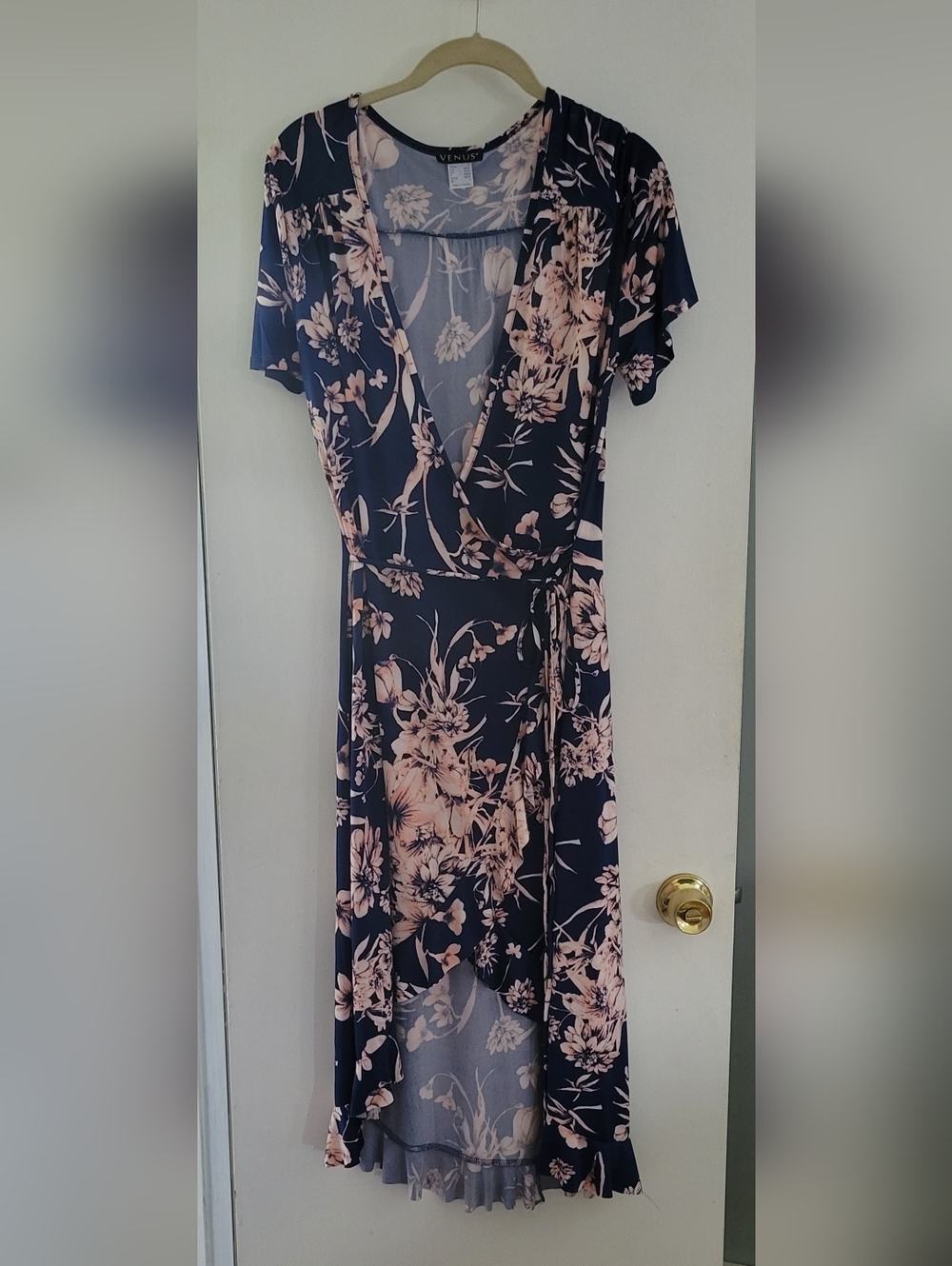 VENUS Navy Midi Wrap Dress with Blush Floral Print